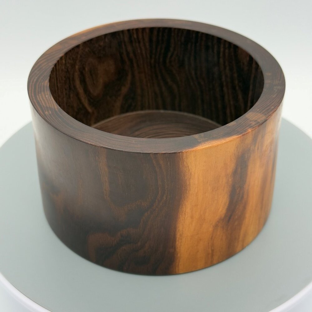 Vintage Hand Carved Solid Wood Decorative Bowl Cylindrical Dark Light Grain MCM